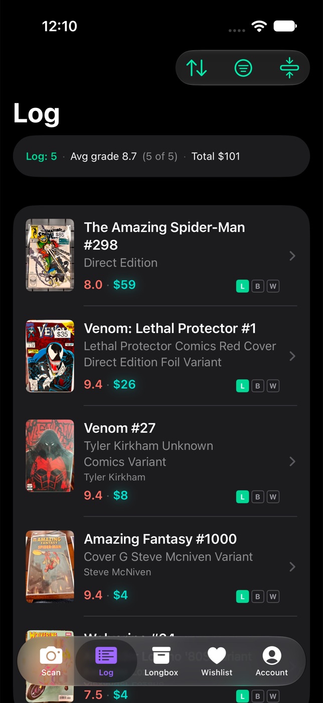 The Comic Dispatch Log: several comics, each with its cover, grade and value — Amazing Spider-Man #298 at $59, Venom: Lethal Protector #1 at $26, Venom #27 at $8