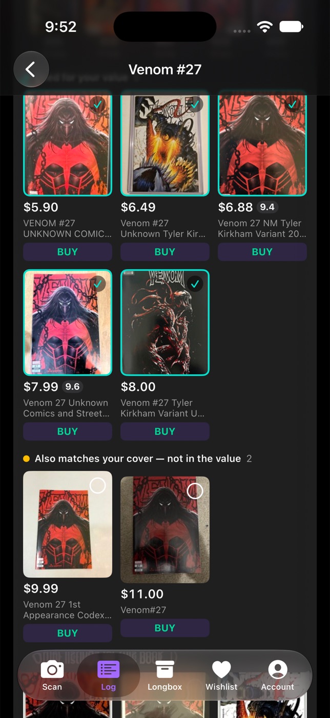 Comic Dispatch showing live matching eBay listings for a comic, each with a Buy button